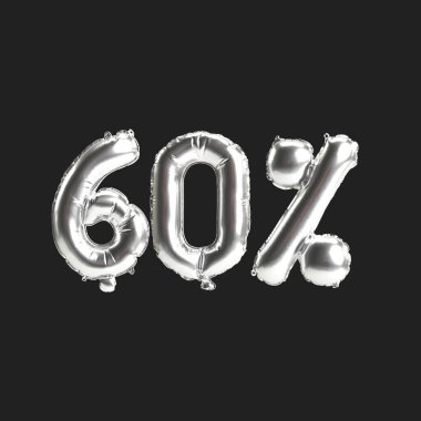 Siyah zemin üzerinde% 60 oranında izole edilmiş gümüş balonların 3D çizimi
