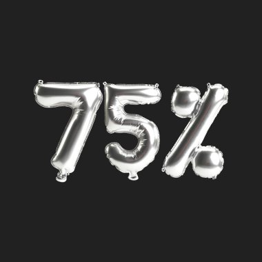 Siyah zemin üzerinde% 75 oranında izole edilmiş gümüş balonların 3D çizimi