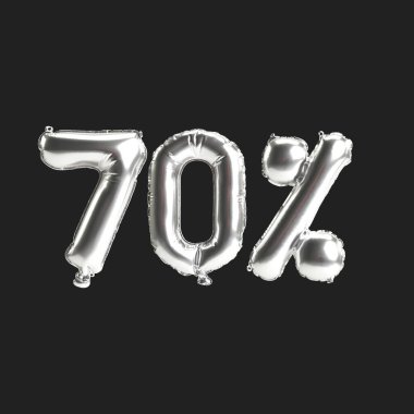 Siyah zemin üzerinde% 70 oranında izole edilmiş gümüş balonların 3D çizimi