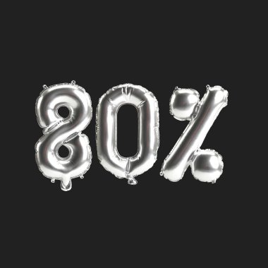 Siyah zemin üzerinde% 80 oranında izole edilmiş gümüş balonların 3D çizimi
