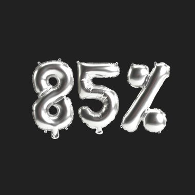 Siyah zemin üzerinde% 85 oranında izole edilmiş gümüş balonların 3D çizimi