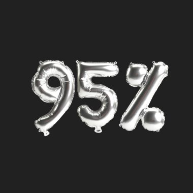 Siyah zemin üzerinde% 95 oranında izole edilmiş gümüş balonların 3D çizimi