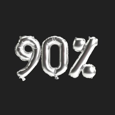 Siyah zemin üzerinde% 90 oranında izole edilmiş gümüş balonların 3D çizimi