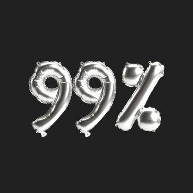 Siyah zemin üzerinde% 99 oranında izole edilmiş gümüş balonların 3D çizimi