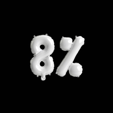 Siyah zemin üzerinde% 8 oranında izole edilmiş beyaz balonların 3D çizimi