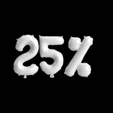 Siyah zemin üzerinde% 25 oranında izole edilmiş beyaz balonların 3D çizimi