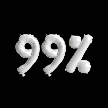 Siyah arkaplanda% 99 oranında izole edilmiş beyaz balonların 3D çizimi