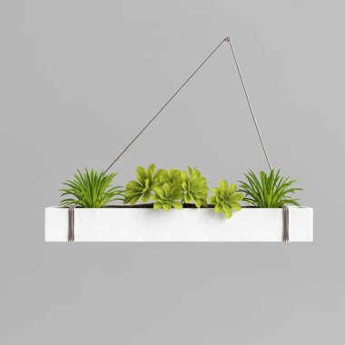 Asılan saksının beyaz arkaplanda izole edilmiş 3D çizimi