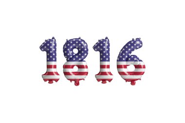 Beyaz zemin üzerinde ABD bayrağı renkleri izole edilmiş 1816 balon 3D illüstrasyon