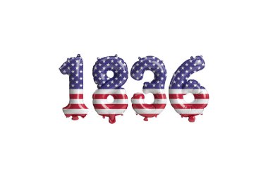 Beyaz zemin üzerinde ABD bayrağı renkleri izole edilmiş 1836 balon 3D illüstrasyon