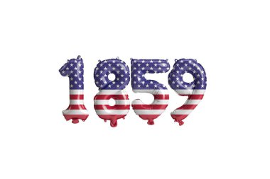 Beyaz zemin üzerinde ABD bayrağı renkleri izole edilmiş 1859 balon 3D illüstrasyon