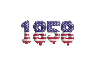 Beyaz zemin üzerinde ABD bayrağı renkleri izole edilmiş 1858 balon 3D illüstrasyon