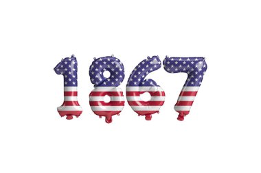 Beyaz zemin üzerinde ABD bayrağı renkleri izole edilmiş 1867 balon 3D illüstrasyon