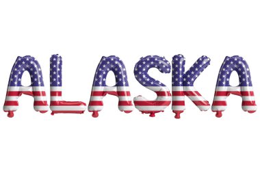 Beyaz zemin üzerinde ABD bayrağı renkleri izole edilmiş alaska harfli balonların 3D çizimi