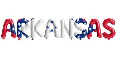 Beyaz arkaplanda eyalet bayrağı renkleri izole edilmiş Arknsas harfli balonların 3D çizimi
