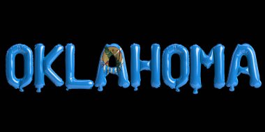 Siyah arkaplanda eyalet bayrağı renkleri izole edilmiş oklahoma harfli balonların 3D çizimi