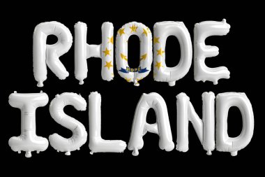 Rhode Island harf balonlarının siyah arkaplan üzerinde eyalet bayrağı renkleri izole edilmiş 3d çizimi