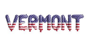 Beyaz zemin üzerinde ABD bayrağı renkleri izole edilmiş Vermont harf balonları 3D illüstrasyon