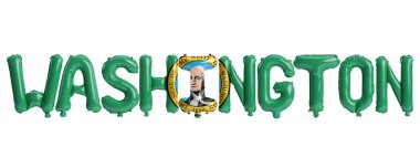 Beyaz arkaplanda eyalet bayrağı renkleri izole edilmiş Washington harfli balonların 3D çizimi