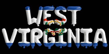 Batı Virginia harf balonlarının siyah arkaplan üzerinde eyalet bayrağı renkleri izole edilmiş 3D çizimi