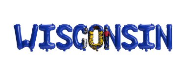 Beyaz arkaplanda eyalet bayrağı renkleri izole edilmiş Wisconsin harf balonlarının 3d çizimi