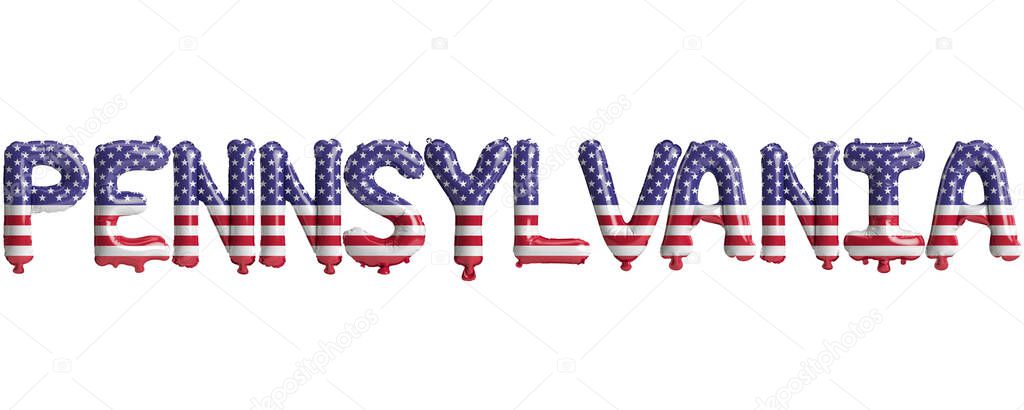 3d illustration of pennsylvania-letter balloons with usa flag colors isolated on white background