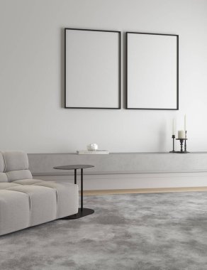 Minimalist iç dekorasyonda duvardaki boş iki siyah çerçevenin üç boyutlu çizimi: