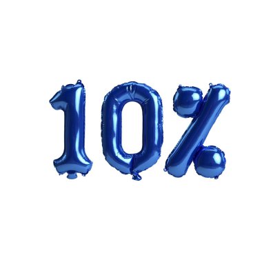 % 10 'luk mavi balonların beyaz arka planda izole edilmiş 3D çizimi
