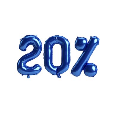 % 20 'lik mavi balonların beyaz arka planda izole edilmiş 3D çizimi