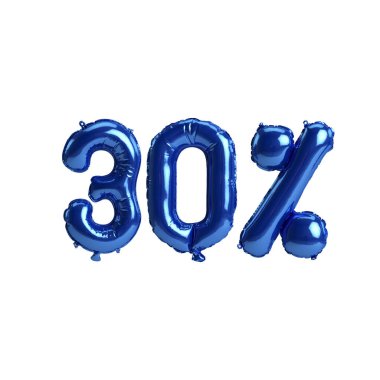 % 30 'luk mavi balonların beyaz arka planda izole edilmiş 3D çizimi