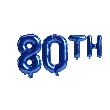 Beyaz arkaplanda izole edilmiş 80. mavi balonların 3D çizimi