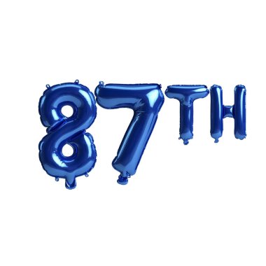 Beyaz arka planda 87. mavi balonların 3D çizimi