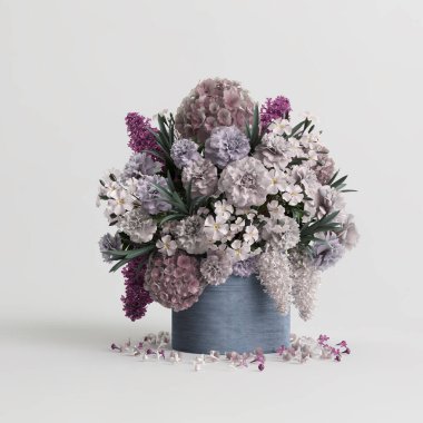 Beyaz arka planda izole edilmiş romantik vazodaki güzel çiçeklerin üç boyutlu çizimi