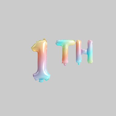 Çocuklar için 1. Gökkuşağı balonlarının 3 boyutlu çizimi Gri arka planda izole edilmiş satışlar