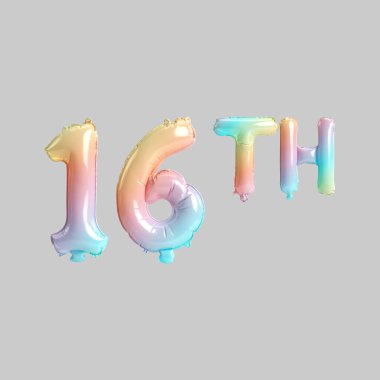 Çocuklar için gri arka planda izole edilmiş 16. gökkuşağı balonlarının 3D çizimi