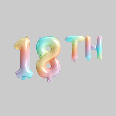 Çocuklar için gri arka planda izole edilmiş 18. Gökkuşağı balonlarının 3D çizimi