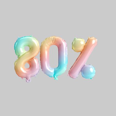 Çocuklar için% 80 gökkuşağı balonlarının 3D çizimi gri arka planda izole edilmiş satışlar