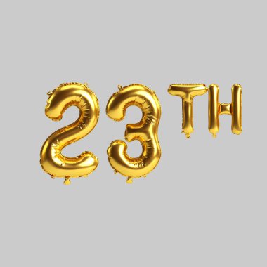 Beyaz zemin üzerinde izole edilmiş 23. altın balonların 3D çizimi
