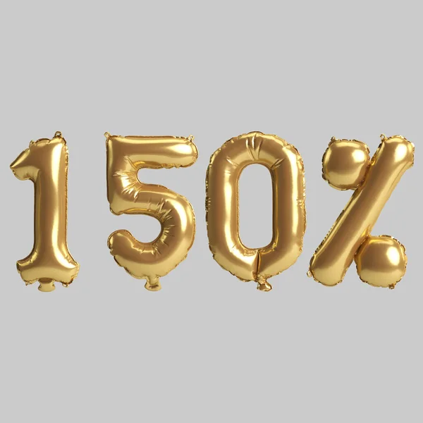 3d illustration of 150 percent gold balloons isolated on white background