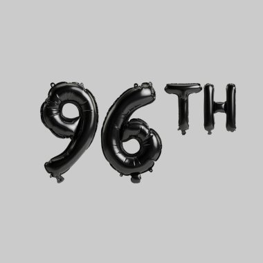 Beyaz arka planda izole edilmiş 96. siyah balonların 3D çizimi