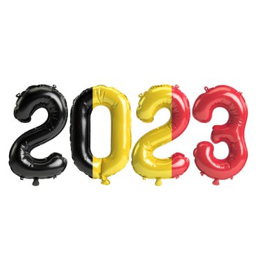 Beyaz zemin üzerinde Belçika bayrağı bulunan 2023 yıllık balonların 3D çizimi