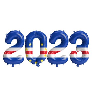 Beyaz zemin üzerinde Cabo Verde bayrağı bulunan 2023 yıllık balonların 3D çizimi