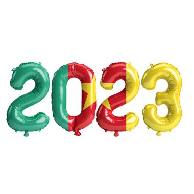 Beyaz zemin üzerinde Kamerun bayrağı bulunan 2023 yıllık balonların 3D çizimi