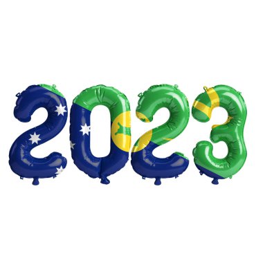 Beyaz arka planda izole edilmiş Noel Adası bayrağı olan 2023 yıllık balonların 3D çizimi