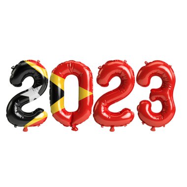 Beyaz zemin üzerinde Doğu Timor bayrağı bulunan 2023 yıllık balonların 3D çizimi