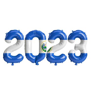 Beyaz zemin üzerinde El Salvador bayrağı bulunan 2023 yıllık balonların 3D çizimi