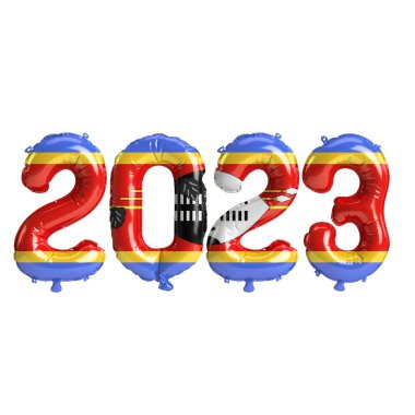 Beyaz zemin üzerinde Eswatini bayrağı bulunan 2023 yıllık balonların 3D çizimi
