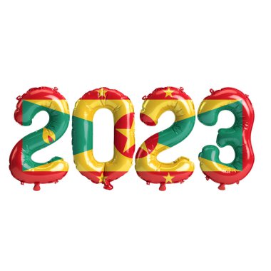 Beyaz zemin üzerinde Grenada bayrağı bulunan 2023 yıllık balonların 3D çizimi