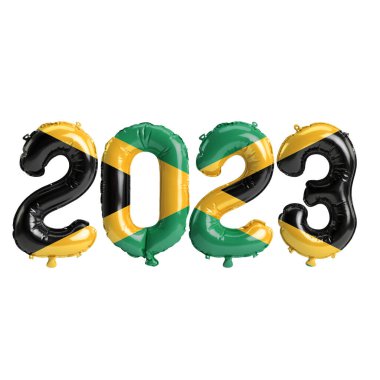 Beyaz zemin üzerinde Jamaika bayrağı bulunan 2023 yıllık balonların 3D çizimi