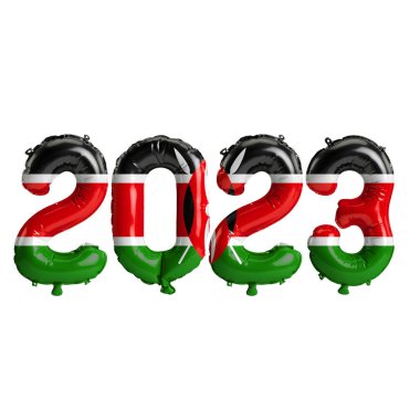 Kenya bayrağı beyaz zemin üzerinde izole edilmiş 2023 yıllık balonların 3D çizimi